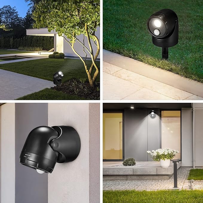 Large 2-in-1 LED Motion Sensor Outdoor Spotlight, IP44 Waterproof 450 LM Battery Operated Landscape Light,Flood Light, Adjustable Wall Light for Yard, Garden, House (2 Pack)