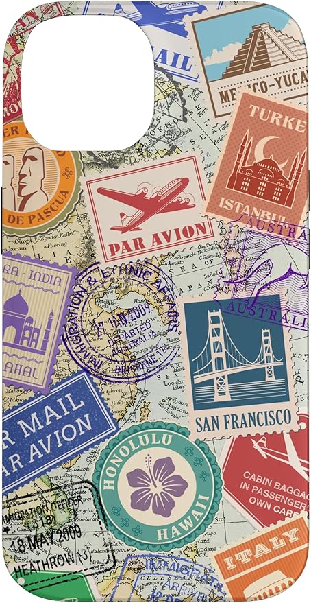 World Map Travel Passport Stamps Postage Stamp Case for iPhone 14