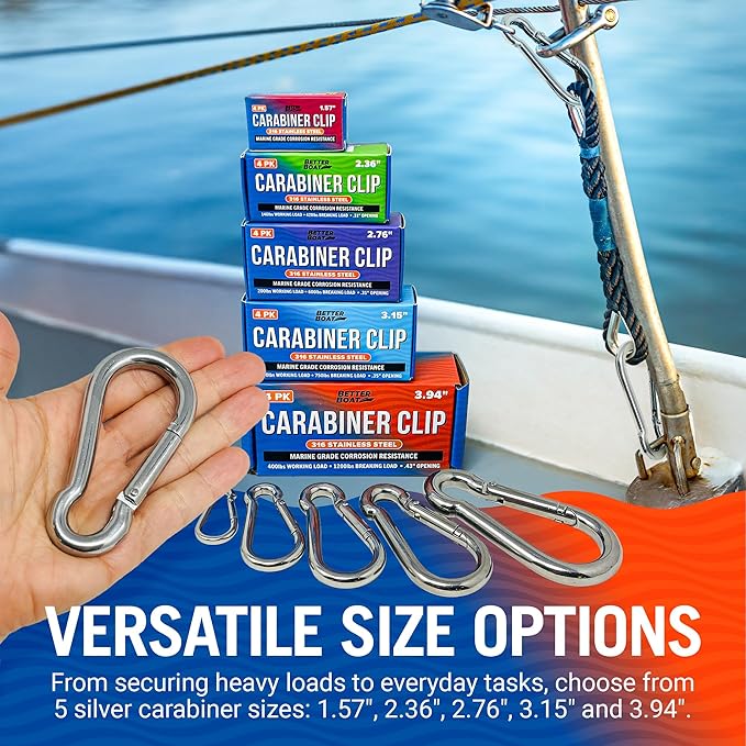 Stainless Steel Carabiner Clip, 4 Pack, 316 Marine Grade, Heavy Duty Spring Snap Hooks, Mini and Large Sizes, 2" to 4" Options