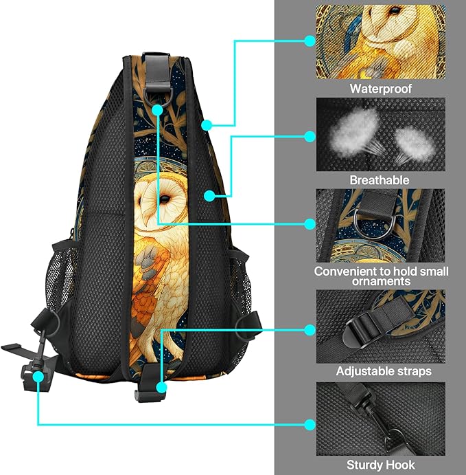 FyLybois Barn Owl Sling Bag for Women Lightweight Crossbody Backpack Casual Daypack with Adjustable Strap for Travel Work Hiking Everyday Use