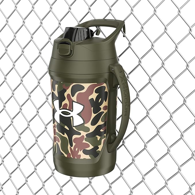 Under Armour Half Gallon Water Bottle Insulated, 64oz Insulated Water Bottle with Handle, Fence Hook, Leak Resistant, for Baseball, Football & More - Green Hyper Camo