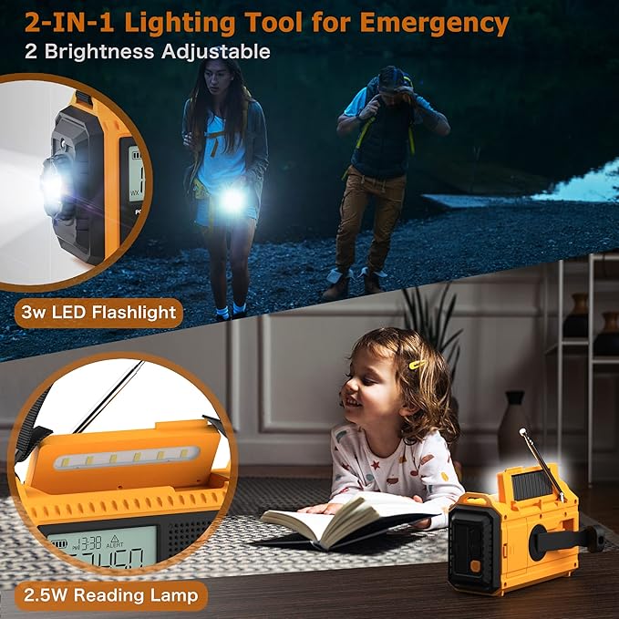 Eoxsmile NOAA Emergency Weather Radio - 5000mAh Solar/Hand Crank/Battery AM/FM/SW with USB Charger, LED Flashlight & SOS Alert, Clock, Portable Survival Radio for Power Outage, Hurricanes, Camping