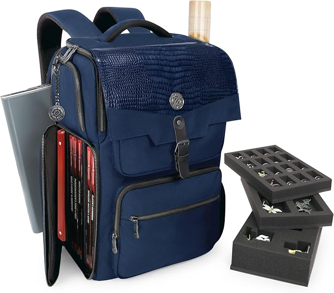 ENHANCE Collector's Edition DnD Backpack - RPG DM Bag for Dungeons and Dragons - DnD Bag fits 6-8 Books, 18" Laptop/DM Screen Slot, Miniature Foam Trays, Accessory Pockets, Map Strap (Dragon Blue)