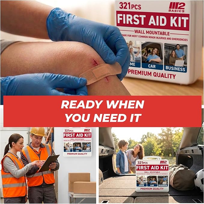 M2 BASICS Premium 321 Piece First Aid Kit, All Purpose Kit with Hard Case for Home, Car, Business, School, Office & Vehicle