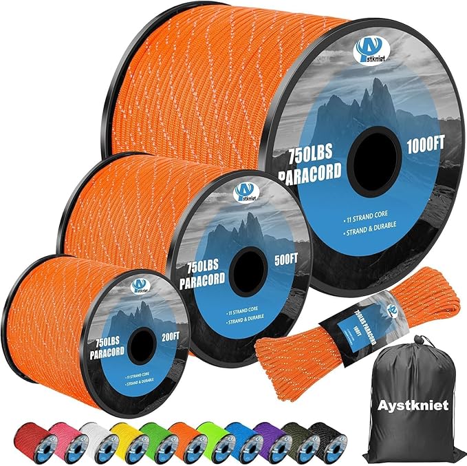 750Ib Reflective Paracord Rope,100' 200' 500' 1000', 4mm 11 Strand Parachute Spool Cord with Collecting Bag, para Cord Lanyard for Hammock, Camping