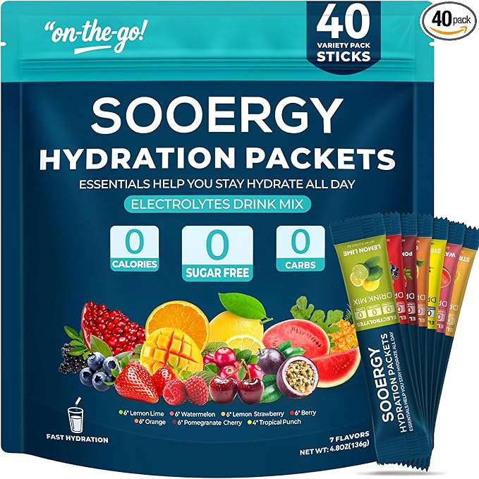Electrolytes Powder Packets Sugar Free Hydration Packets, 7 Flavors Liquid Daily IV Electrolyte Drink Mixex for Rehydration with Electrolytes, Vitamins, 0 Calorie, 40 Sticks