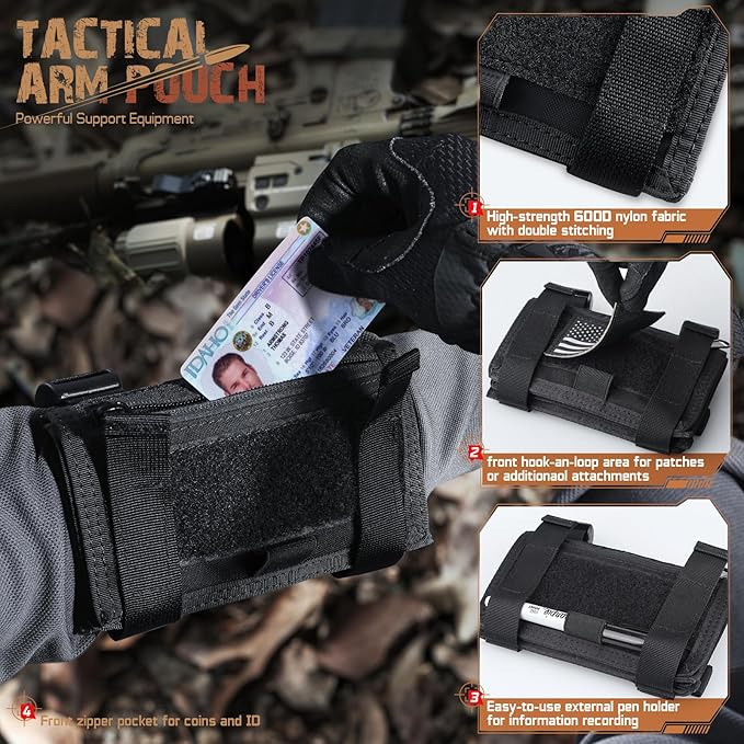 LIVANS Map Case Tactical Arm Sleeve QB Wristband Map Pouch Tactical Armband Sleeve Military Arm Wrist Pouch Document DOPE Card Holder for Shooting Rescue Field Measurement, Include Flag Patch