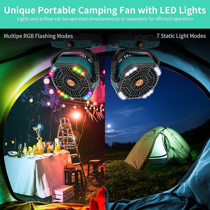 WESTTREE Camping Fan Portable 20000mAh Oscillating Battery Powered Fan Rechargeable Camping essentials Tent Light Hook 270° Pivot Battery Operated USB Desk X68 Cyan
