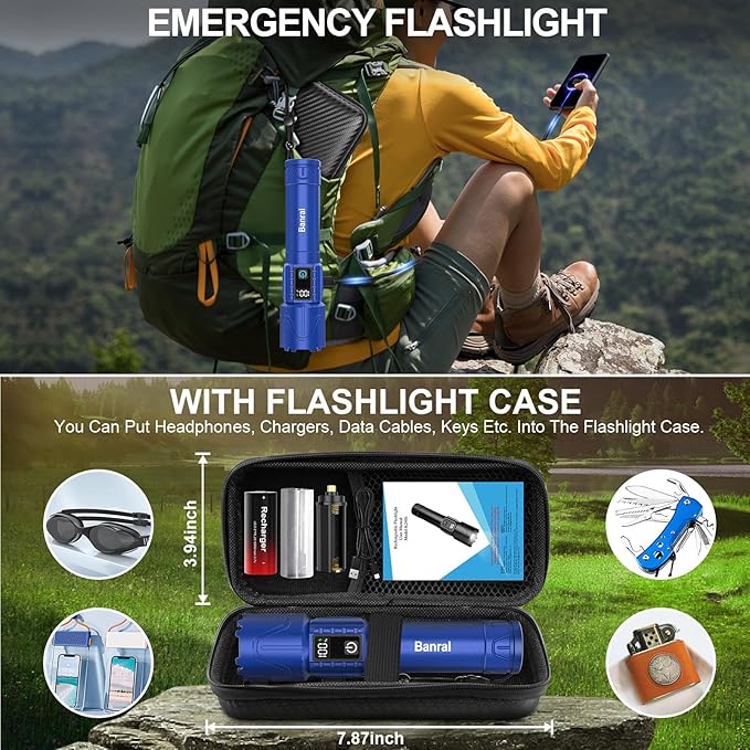 Rechargeable Tactical Flashlights 2000 High Lumens - 5000mAh Super Bright LED Powerful Flash Light, Waterproof Handheld USB C Flashlight for Home,Car,Camping,Emergencies,5 Modes,Zoomable (1, Blue)