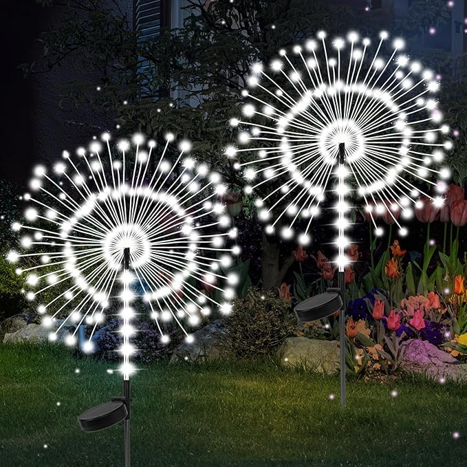 2 Pack 250LED Solar Garden Lights Outdoor, Dual Lighting Modes Firework Lights Solar Powered, Waterproof Twinkle Fairy Light Outside for Yard Patio Pathway Christmas Party Decorative(Cool White)