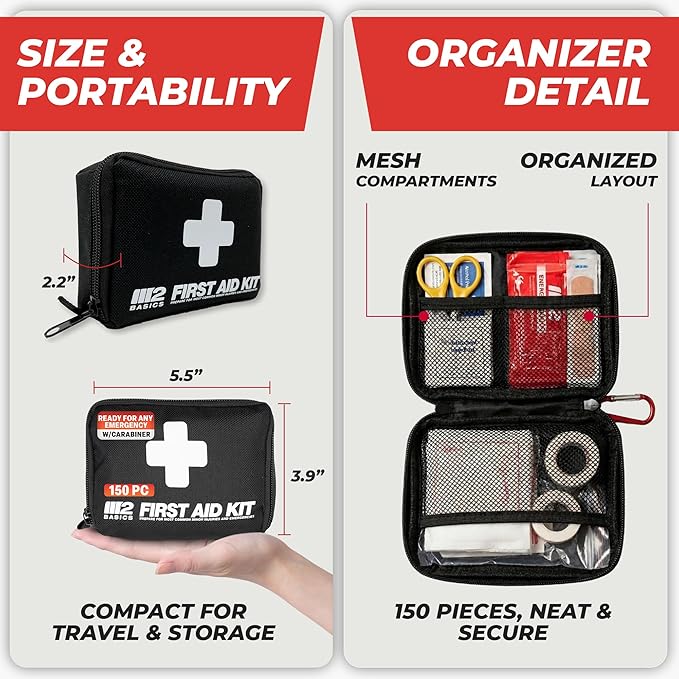 M2 BASICS Compact First Aid Kit, 150 Pieces, Portable Emergency Kit with Carry Bag and Carabiner for Travel, Car, Hiking, Purse