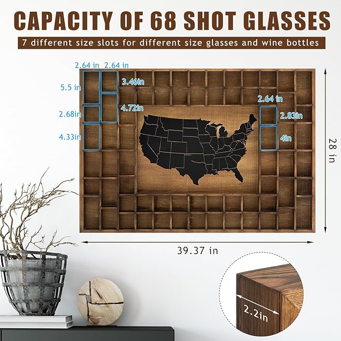 68 Slots 40 x 28'' Large World Map Shot Glass Display Case Rustic Wood Shot Glass Holder for Different Size Wineglass Bar Shelf Organizer Wall Storage Cabinet Decor(Brown,40 x 28'',American Map)