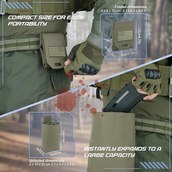 Tactical Dump Pouch for Battle Belt & MOLLE Systems | Foldable Mag Pouch with Drawstring Closure | for Hunting, Duty, Paintball | Includes Flag Patch