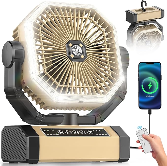 Orteen Camping Fan Rechargeable - 9-Inch Battery Powered Fan, 24000mAh(60Hrs) Battery Operated for Camping, Auto Oscillation Cordless, Tent Fan with Remote/Light, 4 Speeds, 4 Timing, Outdoor