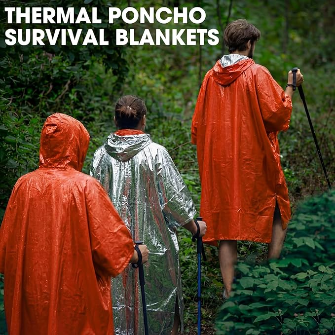 Tellegloww Emergency Ponchos with Polyester Film Blanket Liner Waterproof Windproof Thermal Survival Blanket Rain Ponchos
