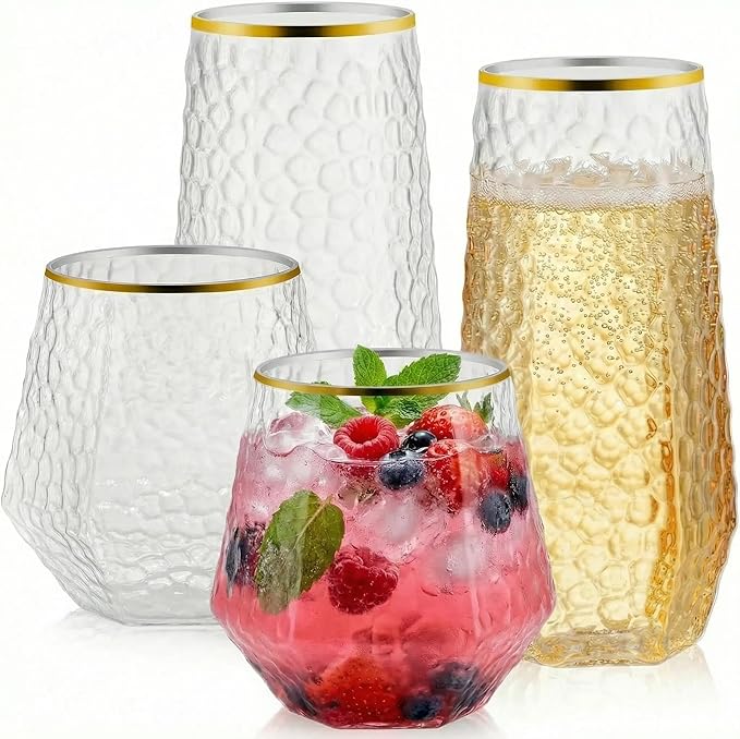 48 Pack Plastic Wine Glasses – 24 x 9oz Stemless Champagne Flutes & 24 x 12oz Disposable Wine Glasses – Elegant Disposable Plastic Cups with Gold Rim – BPA-Free Drinkware for Weddings, Parties-Spiral
