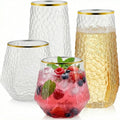 48 Pack Plastic Wine Glasses – 24 x 9oz Stemless Champagne Flutes & 24 x 12oz Disposable Wine Glasses – Elegant Disposable Plastic Cups with Gold Rim – BPA-Free Drinkware for Weddings, Parties-Spiral