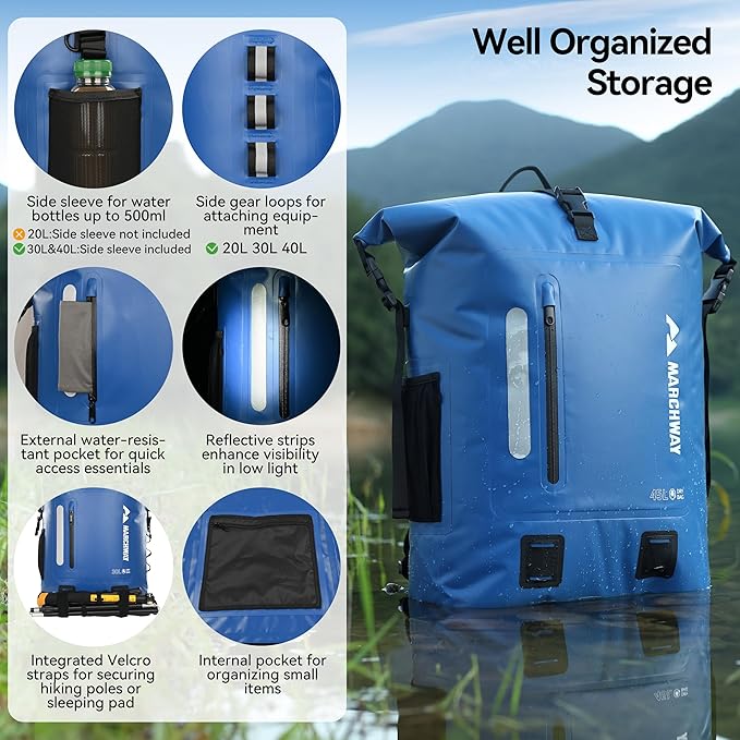 MARCHWAY Roll Top Waterproof Backpack, Floating Dry Bag 20L/30L/45L with Ergonomic Rectangular Base, Cushioned Back, Hip Strap for Hiking Camping Kayaking Travel (Blue, 45L)