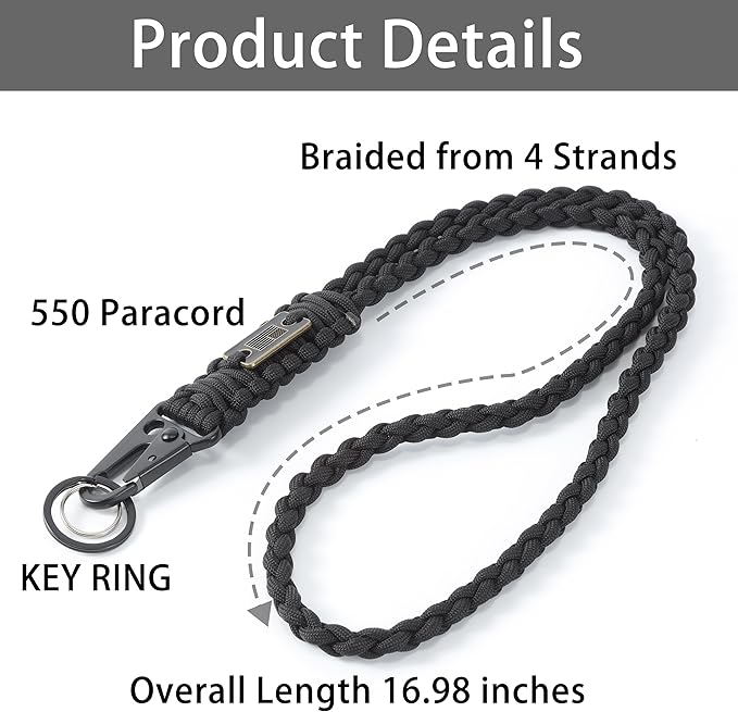 Heavy Duty Braided Paracord Lanyard for ID Badges,EDC Tether for Phone,Tactical 550 Paracord Keychain with USA Flag