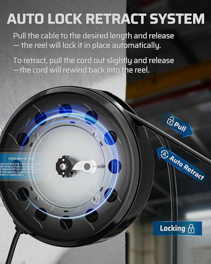 DEWENWILS 30FT Retractable Extension Cord Reel, Ceiling/Wall Mount 16/3 SJTW Power Cord with 3 Lighted Triple Outlets for Garage Shop, 10 Amp Circuit Breaker, Metal Plate, ETL Listed, Black