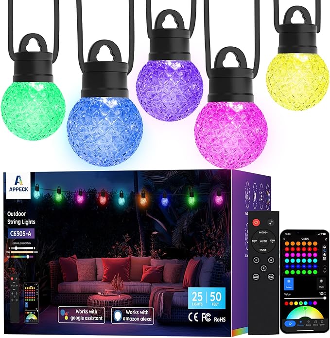 APPECK Outdoor String Lights 50ft, RGBW Color Changing Patio Lights with 25 Dimmable LED Bulbs, 111 Scene Modes, IP65 Waterproof Lighting for Outside, Party, Backyard, Pool, Compatible with Alexa