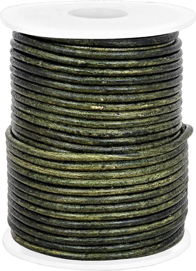 GENIQUE Real/Genuine Round Leather String Cord for Necklace, Bracelets, Jewelry, Kumihimo Braiding, DIY Projects (20 Metres) (2mm, Green Distressed)
