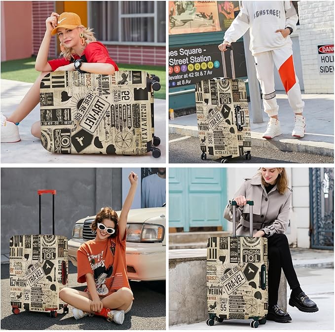 ANNA QUEEN Vintage Travel Collage Luggage Cover, Retro Suitcase Protector, Stretchable Washable Cover for 32-34 Inch Luggage