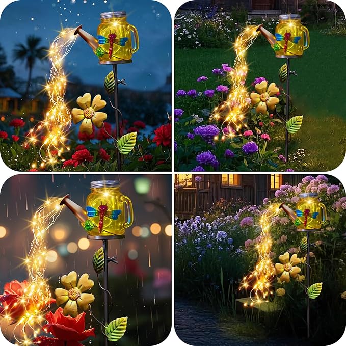 SRNPMIU Solar Watering Can Light, Yard Outdoor Decor Lights, IP65 Waterproof, Hanging Dragonfly Garden Light, Outside Garden Flower Bed Decor, Women Gift, Birthday Gifts