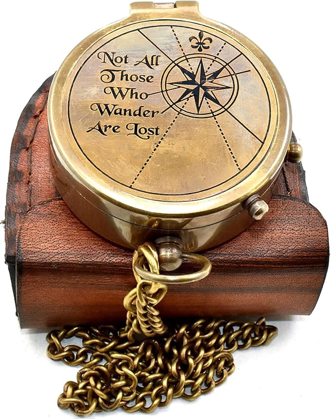 Vintage Brass Compass with Leather Case – Engraved “Not All Those Who Wander are Lost” – Antique Pocket Navigation Compass Gift for Travel Lovers, Hiking, Graduation, Birthday, Christmas