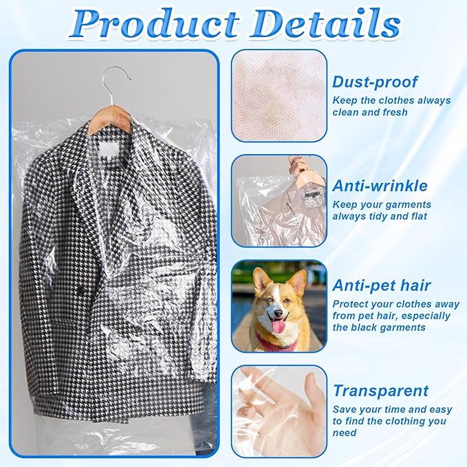 100 Pack Clear Plastic Dry Cleaning Bags 23.6x47.2 Inch Garment Bags Dust-Proof Hanging Clothes Cover Protector Bag for Dress Jacket Suits Coats Uniforms Shirt Laundrette