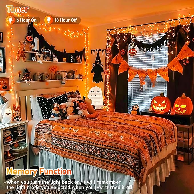 JMEXSUSS 150LED Orange Halloween Lights Indoor Outdoor, Connectable Christmas String Lights Indoor Plug in, 8 Modes Orange Lights for Halloween Fireplace Tree Bedroom Party Decor (Pack of 2)