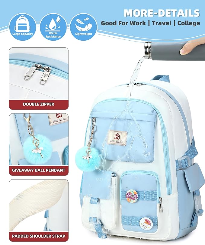 Hidds Laptop Backpacks 15.6 Inch School Bag Elementary Middle High College Backpack Cute Bookbags Anti Theft Travel Back Pack Casual Daypack Kids Book Bag for Teens Girls Women Students-Blue Beige