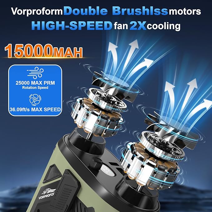 15000mAh Portable Waist Fan, 4-in-1 Waist Clip Fan with Power Bank & LED Light, 100-Speed 25000 RPM Strong Airflow, Instant Cooling for Camping, Travel, Outdoor, Garden, Gift for Men Women