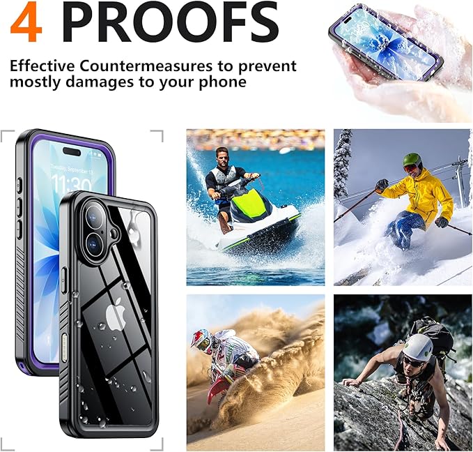 SPIDERCASE for iPhone 17 Case Waterproof, Built-in Lens & Screen Protector, Full Heavy Duty Protection, 12FT Military Shockproof, Dustproof, Anti-Scratched Phone Case,Purple/Clear