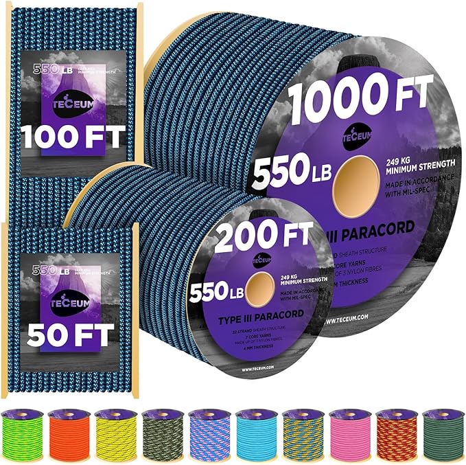 TECEUM Reflective Paracord Rope 1000 – 1000ft/200ft/100ft/50ft – 40+ Colors – Glow in The Dark – para Cord – Utility Rope for Survival, Hunting & Camping Gear – Nylon String, Camping Rope, Tent Cord