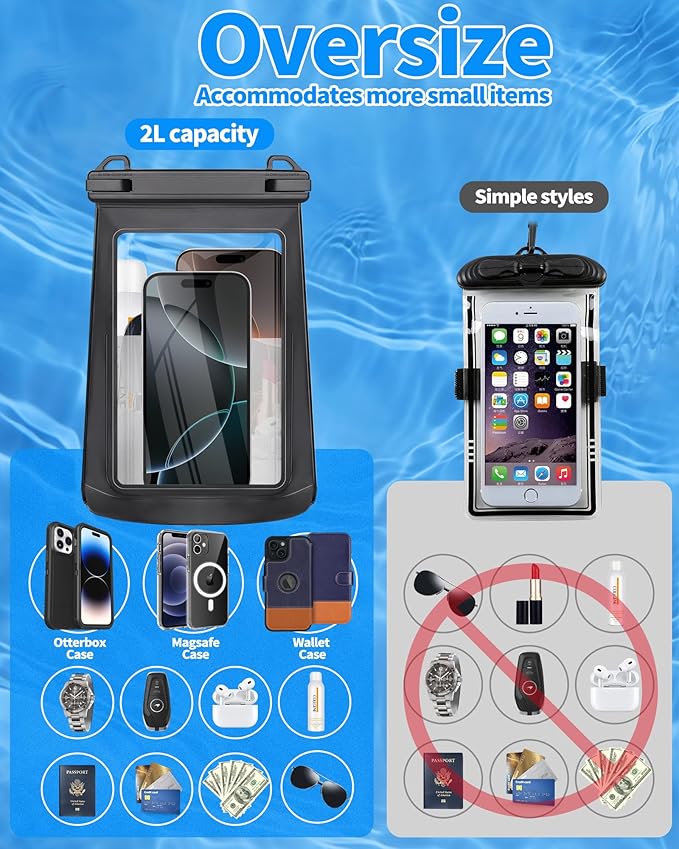 Extra Large Size Waterproof Phone Pouch - [Floating] Water Proof Pouch for iPhone Galaxy Google and More, IPX8 Waterproof Dry Bag for Beach Vacation Belongings Clear Black