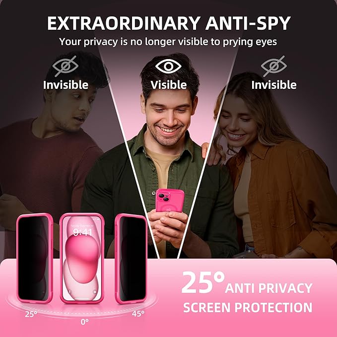 TIESZEN for iPhone 15 Plus Case, Compatible with MagSafe, Built-in Privacy Screen Protector and Camera Protection, Anti Spy Full Body Dustproof Shockproof Hard Phone Case 6.7", Hot Pink