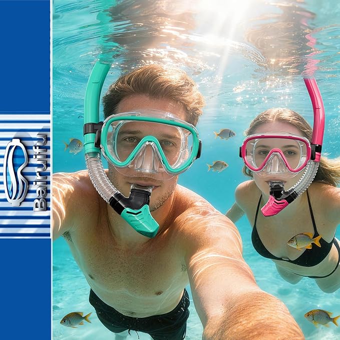 Bairuifu 2-Pack Snorkel Gear for Adults | Enhanced Anti-Fog & Anti-Leak Snorkeling Mask | Breath-Free Dry Snorkel | 180° Panoramic View with Quick-Dry Bags