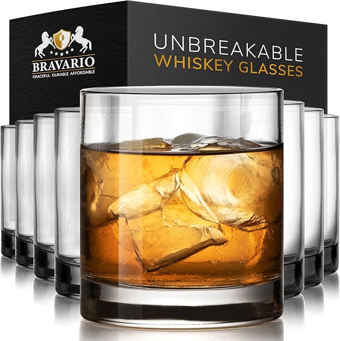 Bravario Unbreakable Whiskey Glasses, Plastic Rocks Glasses — 12.5 oz Clear Dishwasher Safe Tritan Old Fashioned Drinkware, Shatterproof BPA-Free Bourbon Cocktail Set of 8
