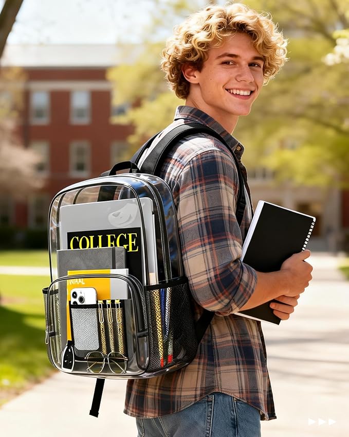 HOTOR Clear Backpack - Multi-Pocket Bookbag, Cold-Resistant PVC Waterproof Work Bag & College Backpack with Padded Shoulder Straps for Travel, Festival, 18.5" x 14.0" x 9.0", Black