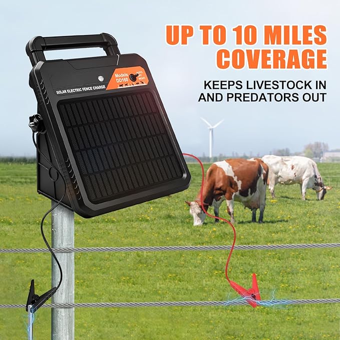 10 Miles Solar Electric Fence Charger 0.16J Portable Fence Energizer, Solar Fence Charger for Livestock Defense, 24-Hour Uninterrupted Protection