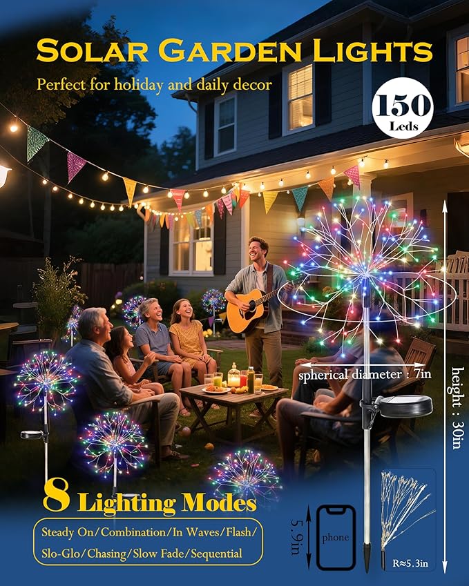 Solar Garden Lights Outdoor Yard Decorations, 4 Pack 150Leds Pathway Light, Fairy Firework Stake Lights for Garden, Patio, Pathway, Flowerbed Multicolor