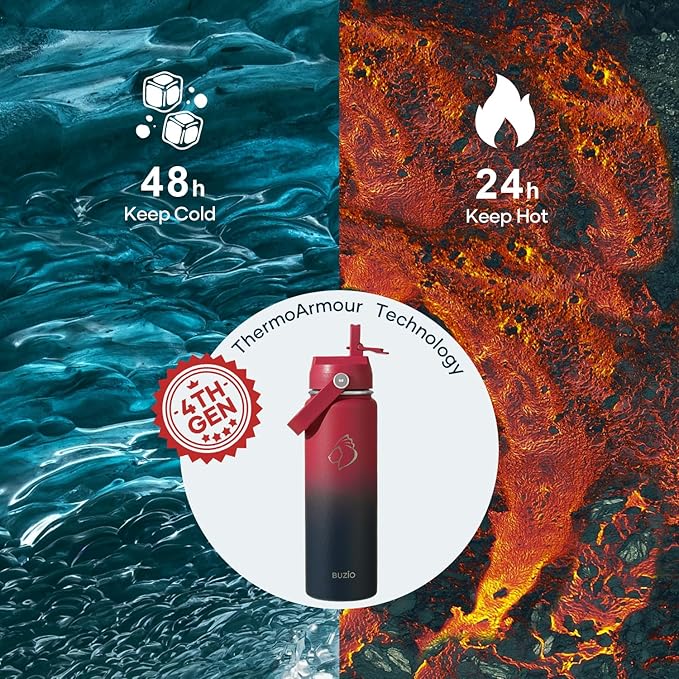 BUZIO 24 oz Insulated Water Bottle, Stainless Steel Wide Mouth Water Flask with Straw Lid, Cold for 48 Hrs Leak Proof Metal Hydro Thermo Canteen Mug, Red Navy