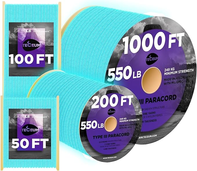 TECEUM Reflective Paracord Rope 1000 – 1000ft/200ft/100ft/50ft – 40+ Colors – Glow in The Dark – para Cord – Utility Rope for Survival, Hunting & Camping Gear – Nylon String, Camping Rope, Tent Cord