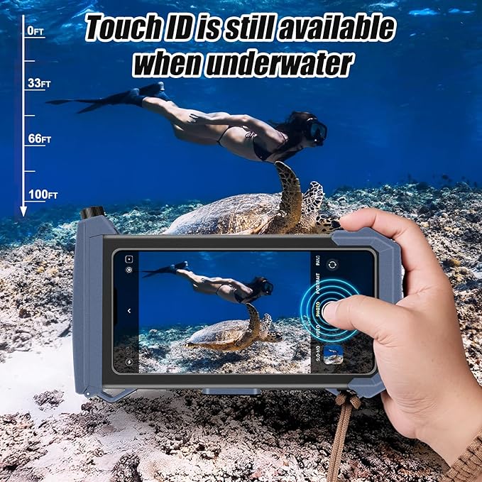 Underwater Phone Case for Snorkeling & Diving (50ft/15m), IP68 Waterproof Case for Swimming, Universal Underwater Touch Screen Case Compatible with iPhone (Blue+Black, 5th Generation Phone Case)