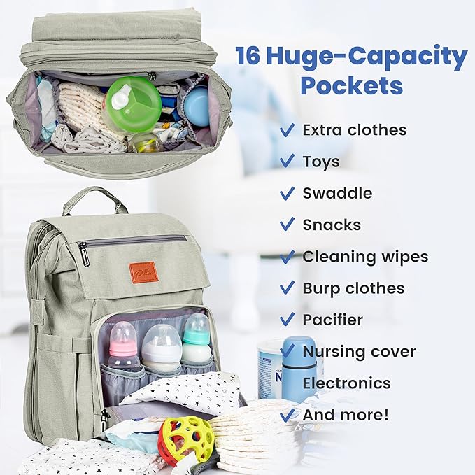 Baby Shower Gifts Diaper Bag Backpack, Baby Diaper Bag, Large Baby Bag for Boys & Girls, Waterproof, 16 Pockets, Insulated Bottle Holders, Durable,Travel-Friendly & Lightweight,Easy Organization,Beige