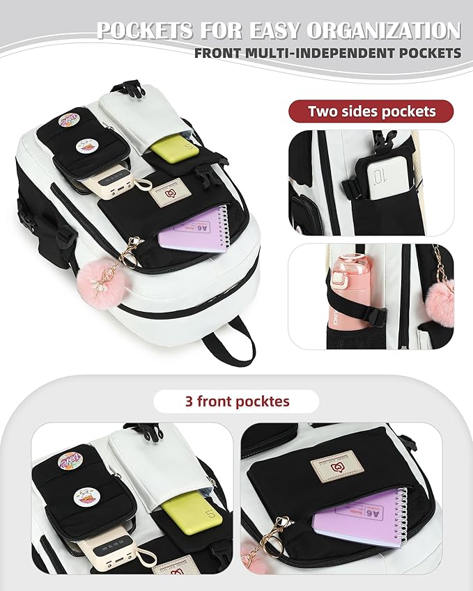 Hidds Laptop Backpacks 15.6 Inch School Bag Elementary Middle High College Backpack Cute Bookbags Anti Theft Travel Back Pack Casual Daypack Kids Book Bag for Teens Girls Women Students-Black Beige