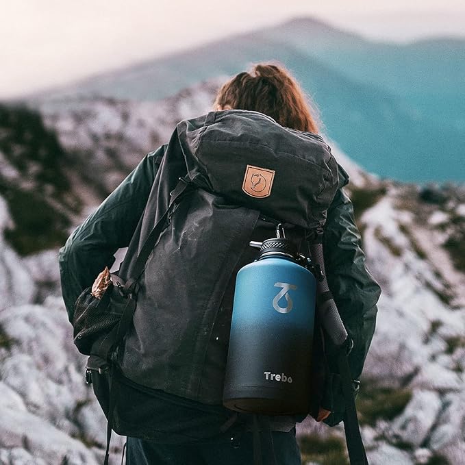 Trebo One Gallon Water Bottle Insulated with Paracord Handle,128oz Large Stainless Steel Water Jug,Vacuum Triple Wall Insulated 24hr Cold Retention,Leakproof Flask with 3 Lids,Indigo Black