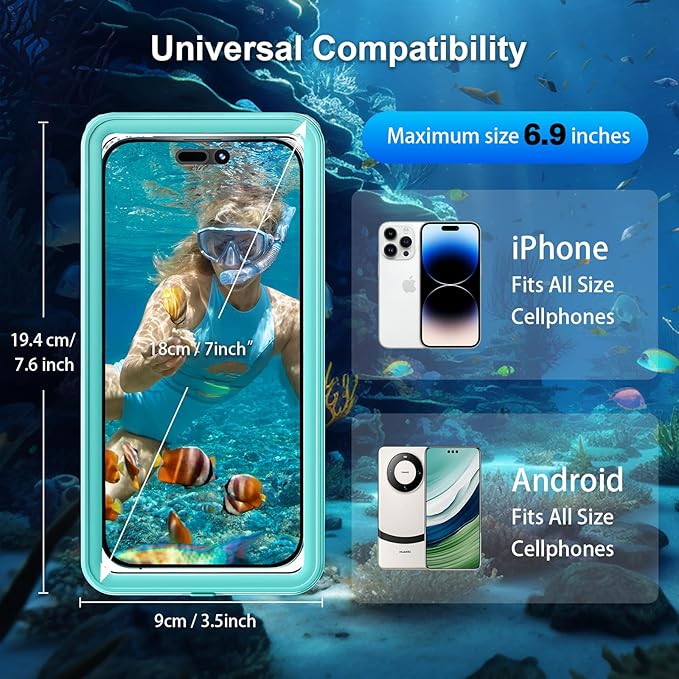 Waterproof Phone Case Up to 6.9 inch | IPX8 Underwater Phone Cases for Snorkeling | Universal Diving Case with Lanyard for iPhone 16 Pro Max/15/14/Galaxy S24 | Beach Cruise Essentials (Cyan)
