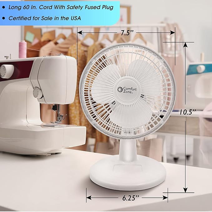 Comfort Zone CZ6D 6" Quiet Portable Indoor 2-Speed Desk Fan with Clip and Fully Adjustable Tilt in White